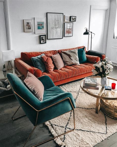 Orange Velvet Couch And Teal Velvet Chair Apartment Decor Home Decor