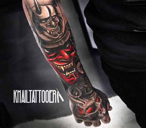 It is a demonic masks (like trolls, giants and so on) and is safety rep of the spirit. Samurai mask tattoo by Khail Tattooer | Photo 20331