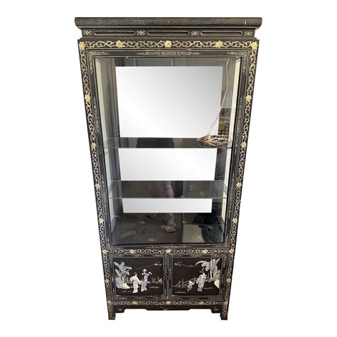 Late 19th Century Chinoiserie Black Lacquer China Cabinet Inlay Chairish