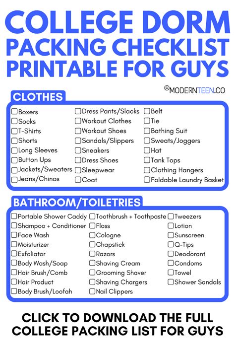 The Ultimate College Packing List For Guys Printable Pdf Dorm Packing College Packing Lists