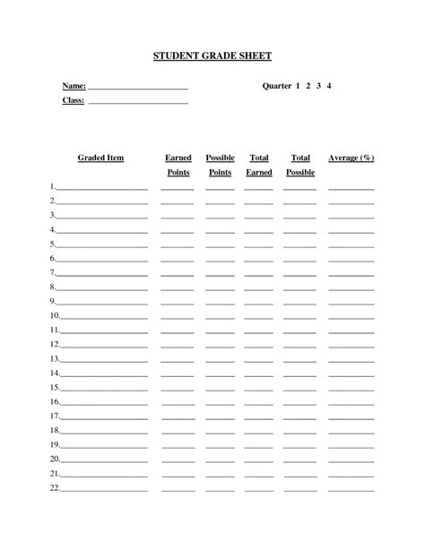 Printable Grade Sheet Template Student Grade Sheet Doc Inside Student