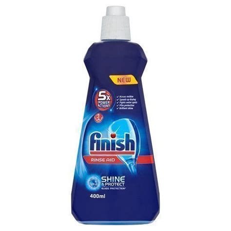 A finish dishwashing detergent tablet. Finish Rinse Aid 400mL