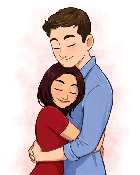 a man and woman hugging each other in front of a pink background with watercolors