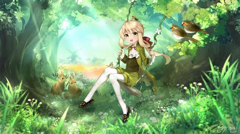 Anime Girl Swing Forest Green Eyes 4k Hd Anime Girl Wallpapers Hd