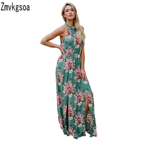 zmvkgsoa 2018 summer maxi long dress women halter slit vintage floral print sleeveless boho sexy