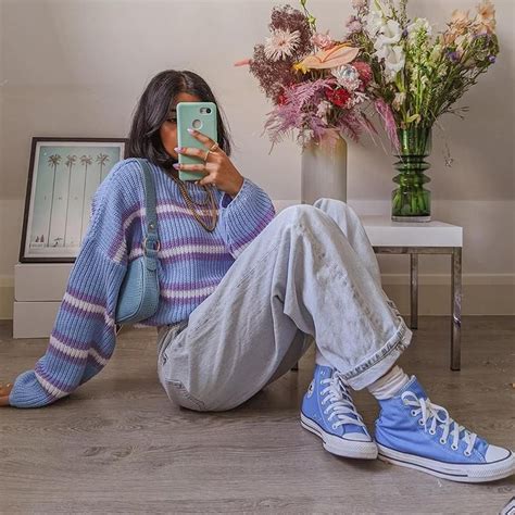 90s Aesthetic Style Knitted Sweater M Blue Cute Outfits Retro