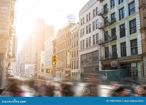 Fast Paced Motion Blur Of People Walking Down Broadway New York City