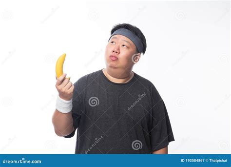 Young Asian Funny Fat Sport Man Holding Banana Stock Image Image Of