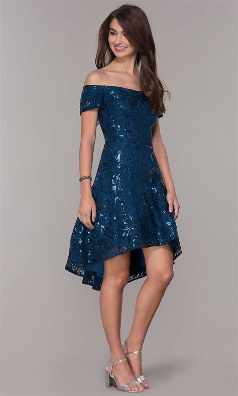 High Low Sequin Blue Off Shoulder Homecoming Dress