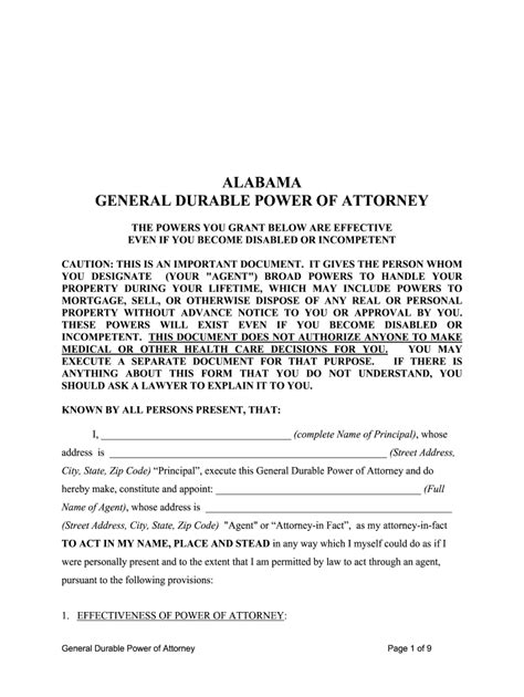 Printable Durable Power Of Attorney Form Alabama Printable Forms Free
