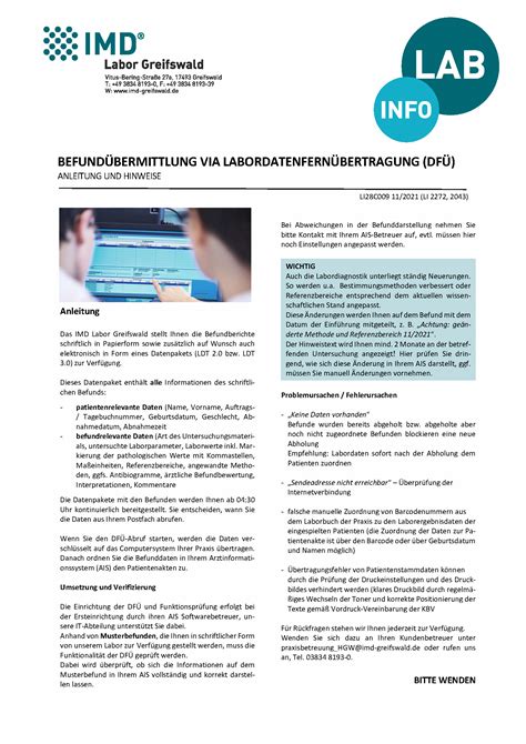 imd labor greifswald befundübermittlung via labordatenfernübertragung dfÜ