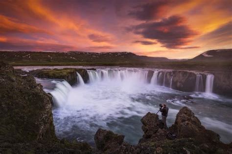 Colorful Skies Over Stunning Waterfalls In Iceland Photographic Print