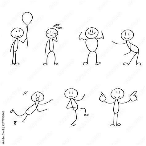 Set Of Funny Stick Figures In Playful Poses And Funny Happy Emotions