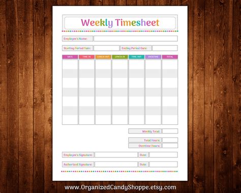 Weekly Timesheet 1 Page Instant Download Pdf Printable Etsy