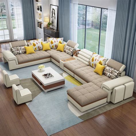 custom home living room furniture couch u shaped sofa set 7 seater modern style wooden sofa set