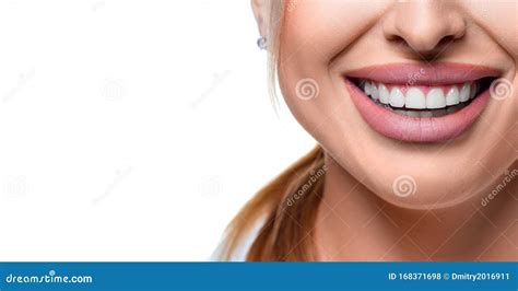 Close Up Photo Of Female Mouth With Perfect White Teeth Over White