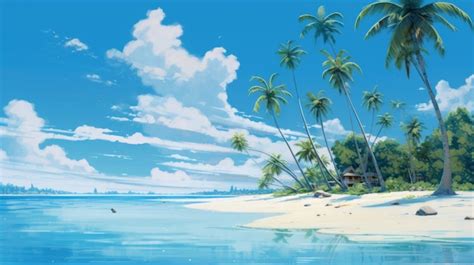 Premium AI Image Realistic Anime Scene Of Ocean With Palm Trees And Sky