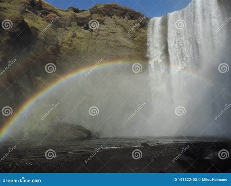 Rainbow At Waterfall Skogafoss Iceland Stock Image Image Of Travel