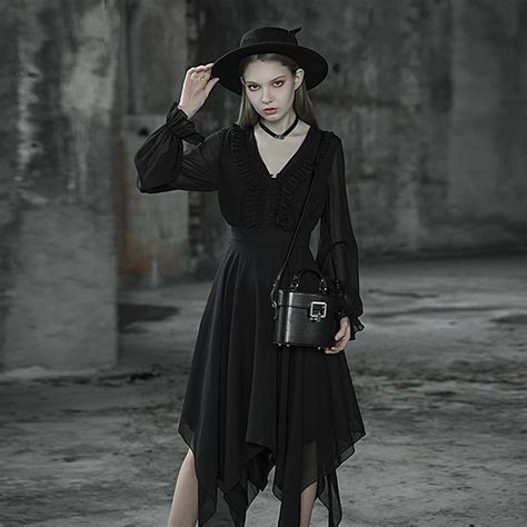 Punk Rave Women Gothic Black Dresses Fashion Casual Black Sexy