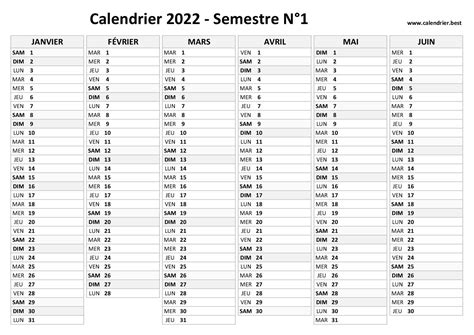 Calendrier Semestriel 2022 à Imprimer Pour Le 1er Et Le 2ème Semestre 2022