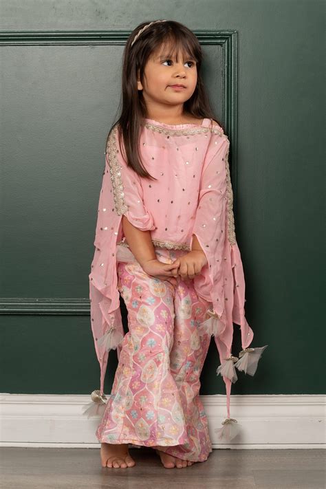 Buy Pink Georgette Embroidered Flora Bloom Dots Cape Pant Set For Girls
