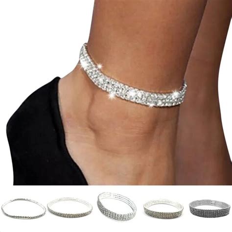 Women Ankle Bracelet Stretch Multi Rows Anklet Chain Diamante Rhinestones Jewelry Ts Kqs8 In