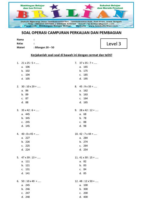 Soal Perkalian Dan Pembagian Campuran Level 3 A Kelas 3 Sd Bimbel Brilian