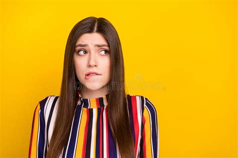 Photo Of Young Attractive Woman Bite Lips Teeth Nervous Worried Fail Look Empty Space Isolated