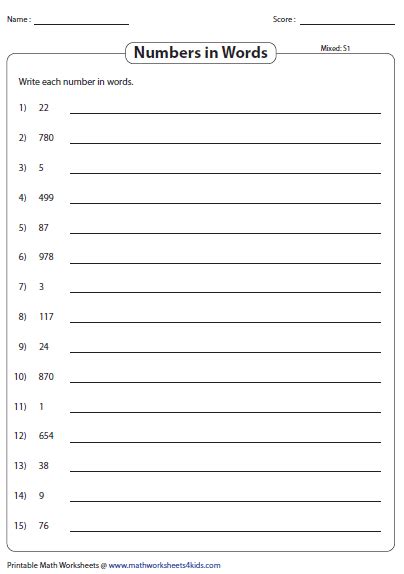 Convert Numbers Into Number Names Worksheets