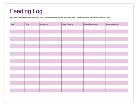 Free Printable Baby Feeding Chart Templates Pdf Word Excel