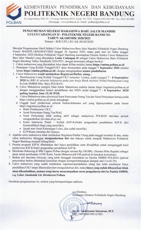 Pdf Politeknik Negeri Bandung€¦ · • Surat Pernyataan Orang Tuawali