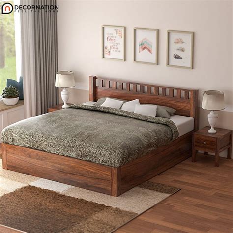 Eros Sheesham Wood Storage Double Bed Brown Decornation