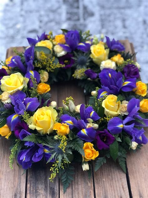 Iris And Yellow Rose Wreath Funeral Flowers Vanilla Blue Flowers