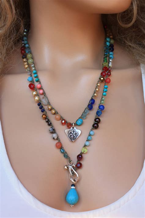 Colorful Gemstone Crochet Long Wrap Necklace Boho Chic Jewelry Boho Chic Jewelry Boho