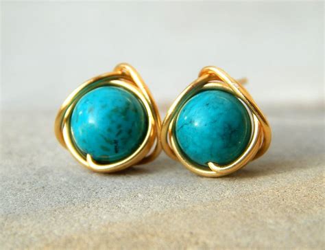 Turquoise Stud Earrings Turquoise Gold Earrings By Deezignstudio