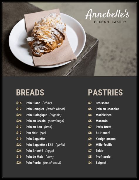 Simple Charcoal French Bakery Menu Venngage