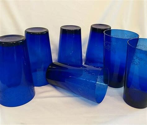 Vintage Set Of 7 Cobalt Blue Glass Flare Tumblers Etched Design Drinking Glasses Ebay