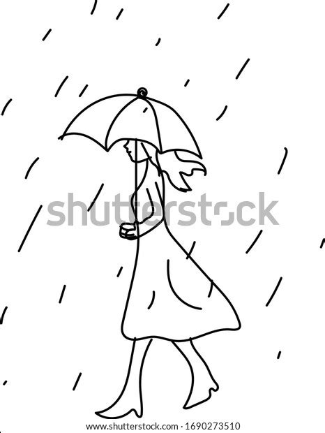 Rainy Day Girl Umbrella Black White Stock Vector Royalty Free