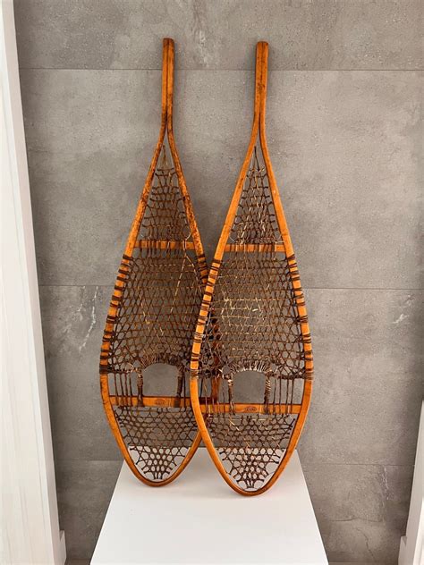 Vintage Large Wood And Rawhide Snowshoes 48 Faber Snowshoes Wood Frames