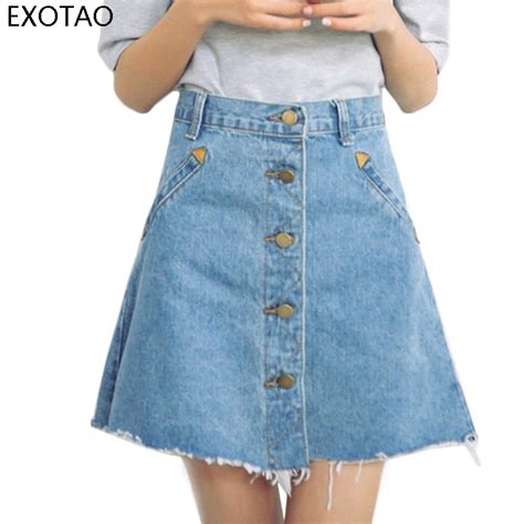 Exotao High Waist Single Breasted Women Denim Mini Skirt Spring 2017 Fashion Casual Frayed Trim