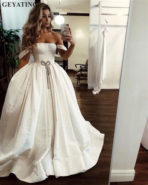 simple ivory satin ball gown wedding dress 2019 elegant off the shoulder strapless princess