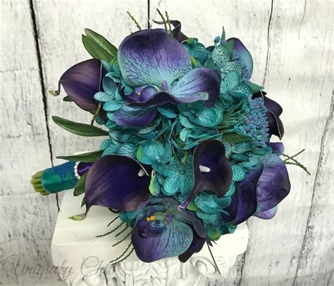 Teal Wedding Bouquet Purple Calla Orchid Bouquet Turquoise Silk