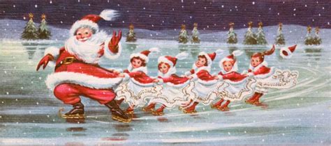 564 60s Ice Skating Santa And Little Girls Vintage Christmas Card