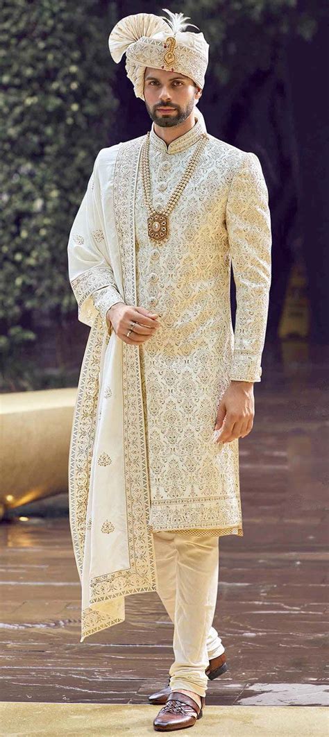 Brocade Sherwani In White And Off White With Embroidered Work