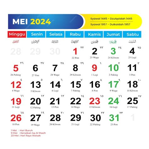 Vektor Kalender Mei 2024 Dengan Hari Libur Nasional Jawa Dan Hijriyah