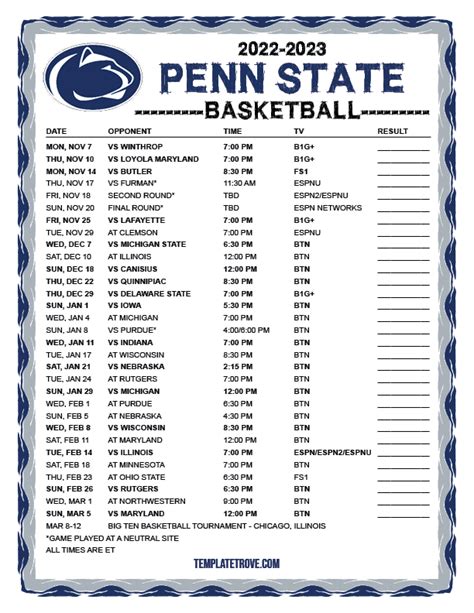 Printable 2022 2023 Penn State Nittany Lions Basketball Schedule