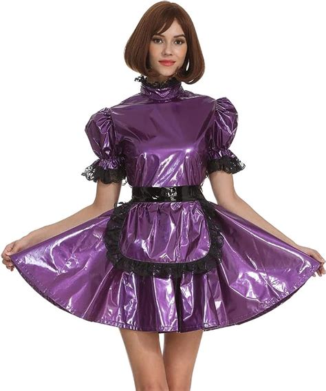 GOceBaby Women Sissy Maid High Collar Purple PVC Lockable Dress Crossdress Uniform Puff Ball