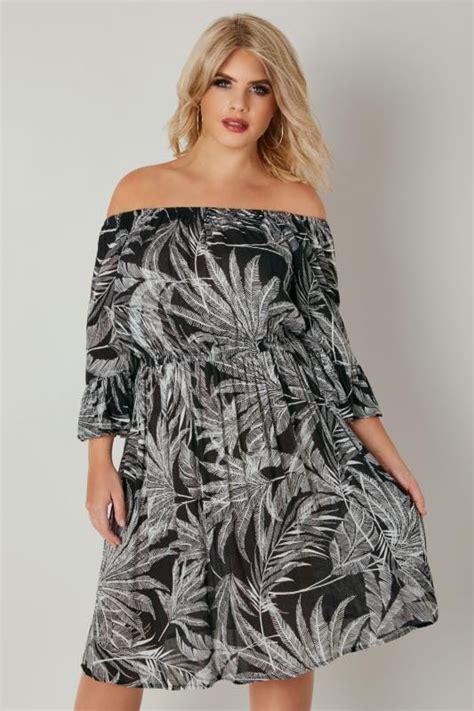 Black And White Palm Print Gypsy Dress Plus Size 16 To 36