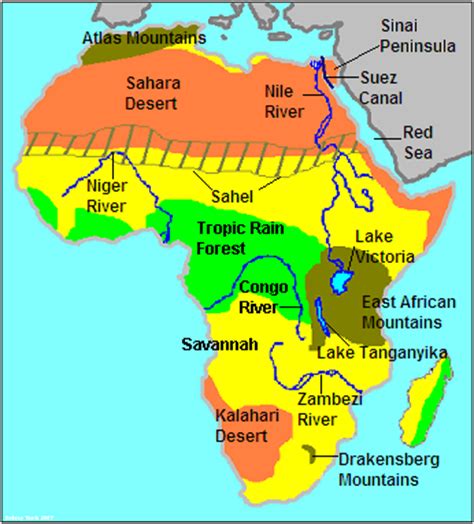 Some of the major landforms in africa include the kaapvaal craton and cape floral in south africa, atlas mountains, ethiopian highlands, mount kilimanjaro, mount kenya, sahara desert, congo river basin, nile river system and the great rift valley. Chapter 13 Section 1; Geography & Early Africa