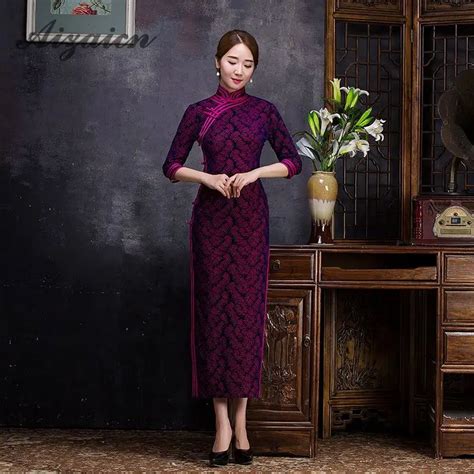 velvet winter cheongsam 2018 fashion long purple chinese new year dress women traditional